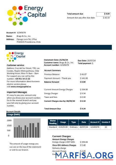Downloadable Chile Energy Capital business utility bill template in Word and pdf formats